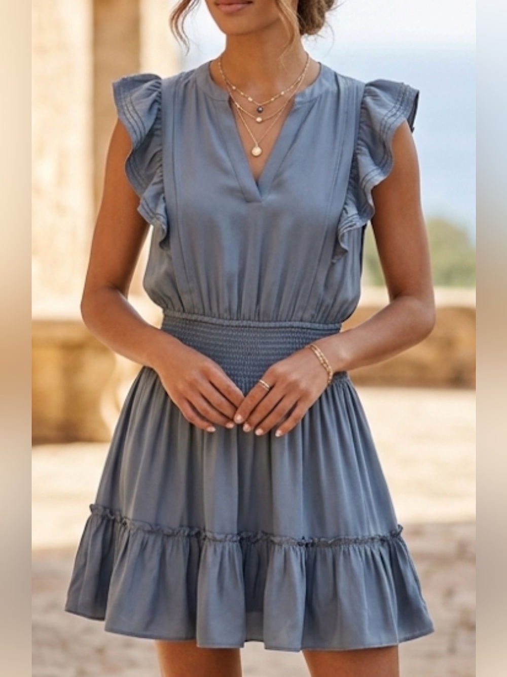 Current Air Los Angeles Blue Smocked Waist Ruffle Mini Dress XS 2190272